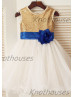 Gold Sequin Ivory Tulle With Royal Blue Flower Sash Knee Length Flower Girl Dress